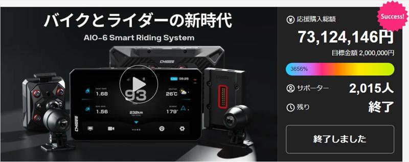 バイク用スマートライドモニター「AIO-6」がMakuakeで8,000万円の大台突破！豪華3大抽選キャンペーン同時開催中
