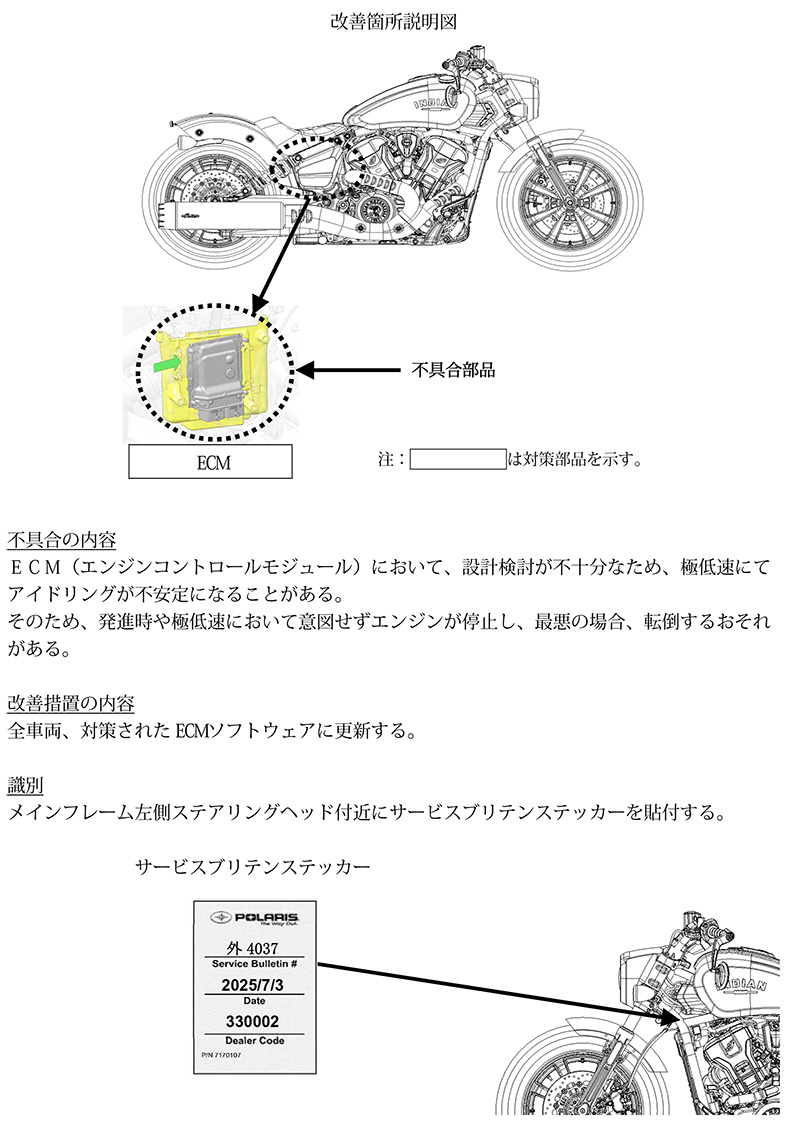 【リコール】インディアン 101 Scout、Scout Bobber ほか7車種 計151台 記事2