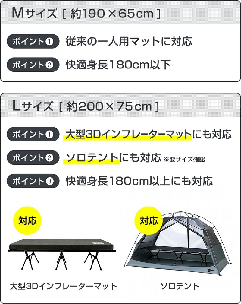 抜群の寝心地と圧倒的な安心感の1000Dコットに大型マットやソロテント対応のLサイズが登場！