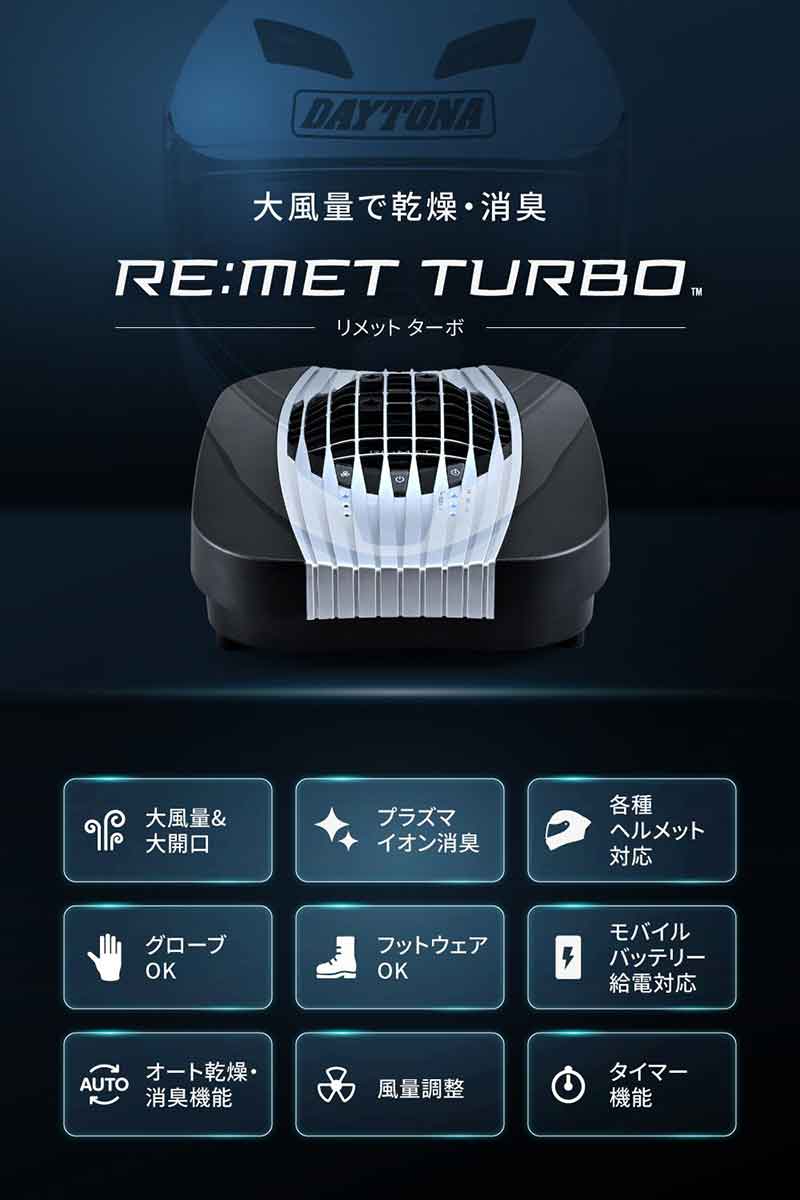 送風量2.3倍×プラズマイオンで速乾消臭!「ヘルメット消臭器 RE:MET TURBO/リメット ターボ」がデイトナから発売 記事1