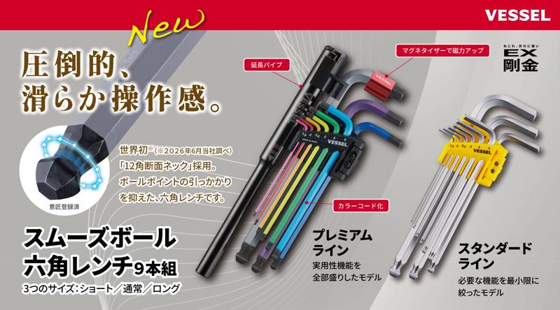 【世界初※】六角レンチのボールポイント部に「12角断面ネック」を採用 斜めでも滑らかに回せる「スムーズボール六角レンチ」を発売