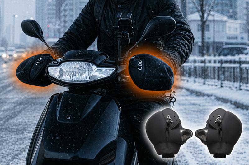 【新商品】冬のバイクの「手が寒い」を解決。さらに透明窓でウインカーやホーンも見て操作できる、裏起毛ハンドルカバーが登場