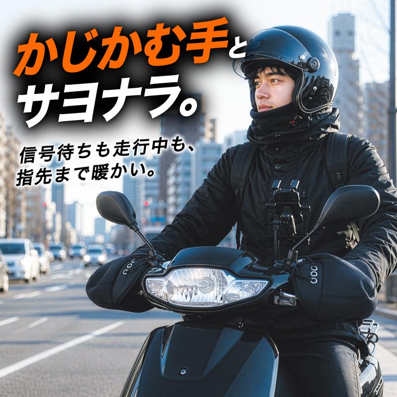 【新商品】冬のバイクの「手が寒い」を解決。さらに透明窓でウインカーやホーンも見て操作できる、裏起毛ハンドルカバーが登場
